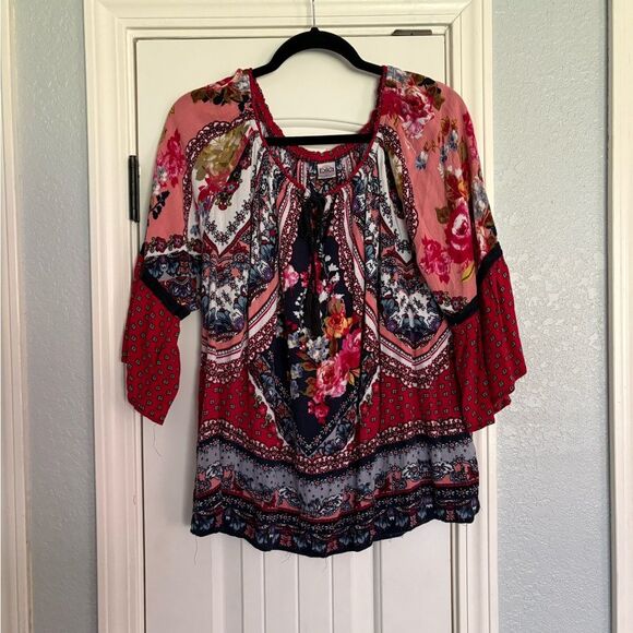 Bila Tunic Women Size XL Pink/Red Print Tie Tassel Neck Bell Sleeve BOHO Peasant - Picture 1 of 6